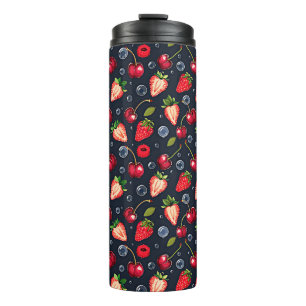 Strawberries and cherries on a dark background thermal tumbler