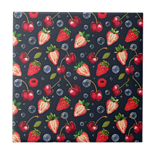Strawberries and cherries on a dark background tile