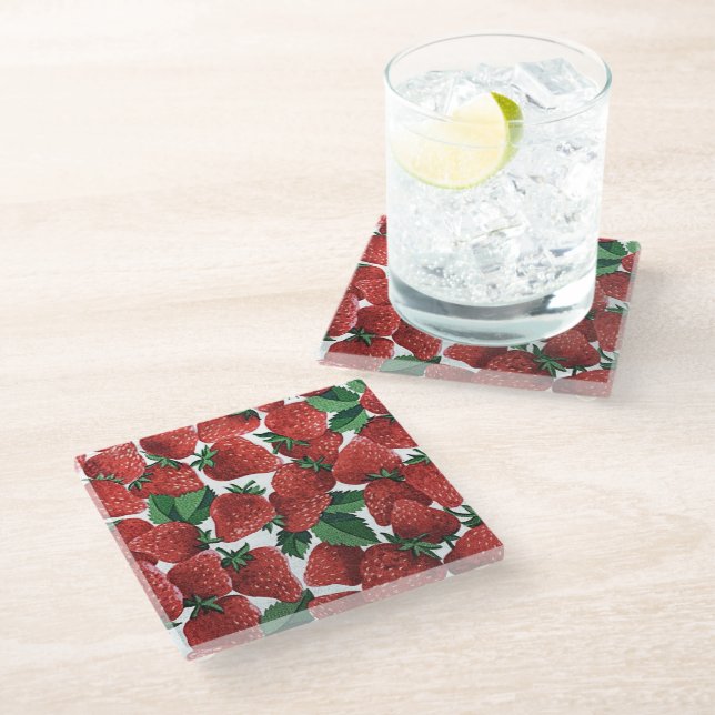 Strawberries and Cream Pattern Glass Coaster (Angled)