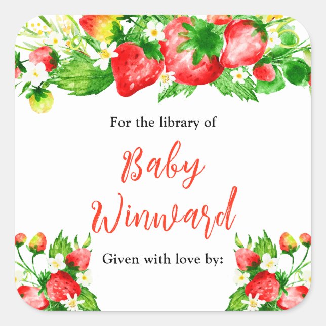 Strawberries and Daisies Baby Shower Bookplate Square Sticker (Front)