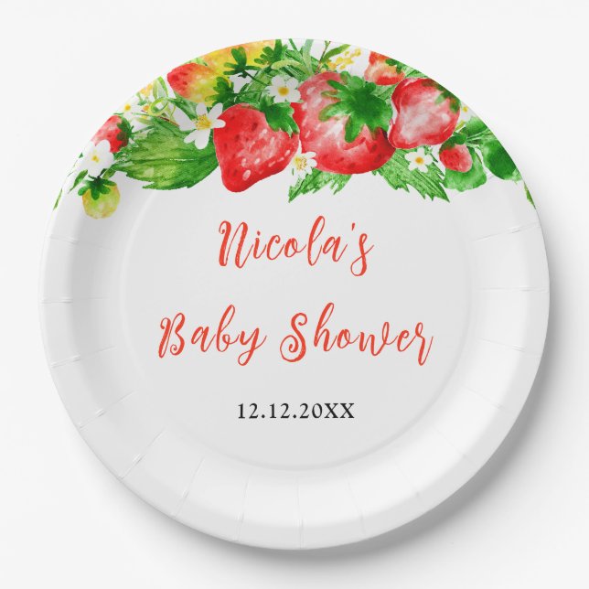 Strawberries and Daisies Baby Shower Paper Plate (Front)