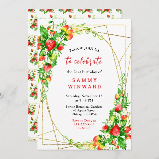 Strawberries and Daisies Birthday Invitation (Front/Back)