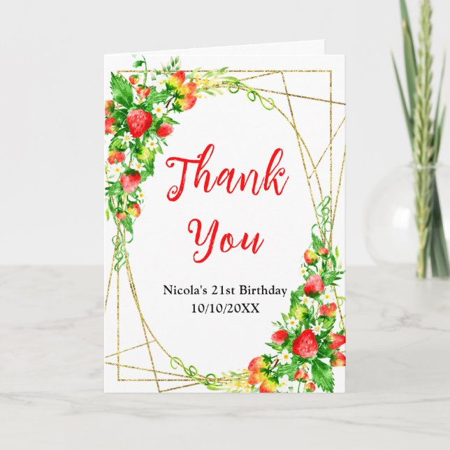 Strawberries and Daisies Birthday Thank You Card (Front)