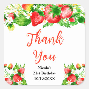 Strawberries and Daisies Birthday Thank You Square Sticker