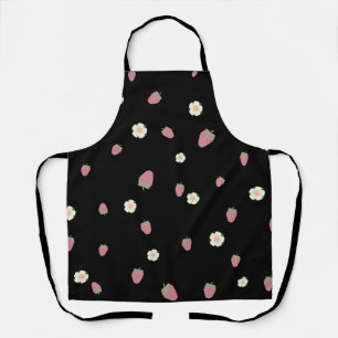 Strawberries and Flowers Black Pattern Apron