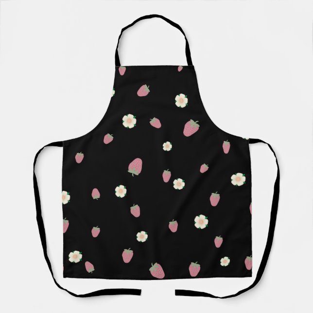 Strawberries and Flowers Black Pattern Apron (Front)