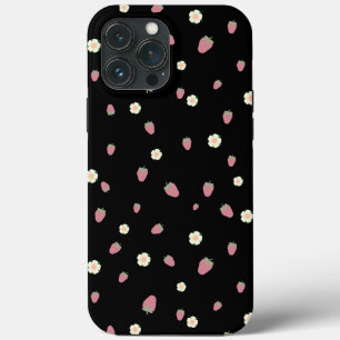 Strawberries and Flowers Black Pattern iPhone 13 Pro Max Case