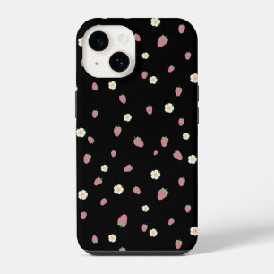 Strawberries and Flowers Black Pattern iPhone 14 Case