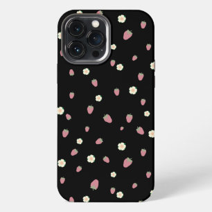 Strawberries and Flowers Black Pattern iPhone 13 Pro Max Case
