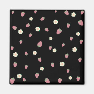 Strawberries and Flowers Black Pattern Magnet