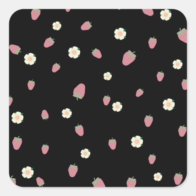 Strawberries and Flowers Black Pattern Square Sticker (Front)