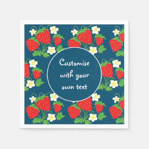 Strawberries and Flowers Blue Custom Text Napkin