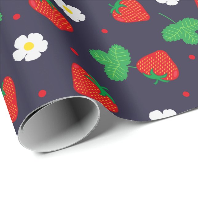 Strawberries and Flowers on Navy Blue Wrapping Paper (Roll Corner)
