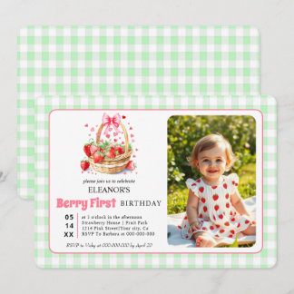 Strawberries and gingham Berry First Birtday photo Invitation