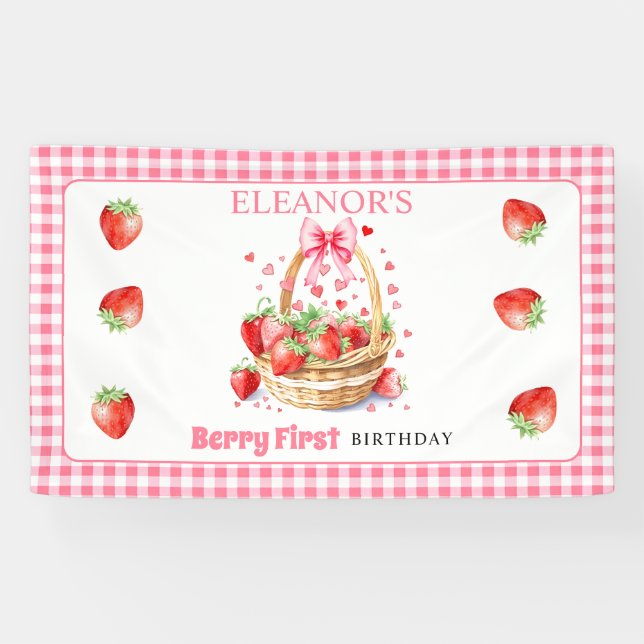 Strawberries and pink bow Berry First Birthday Banner (Horizontal)