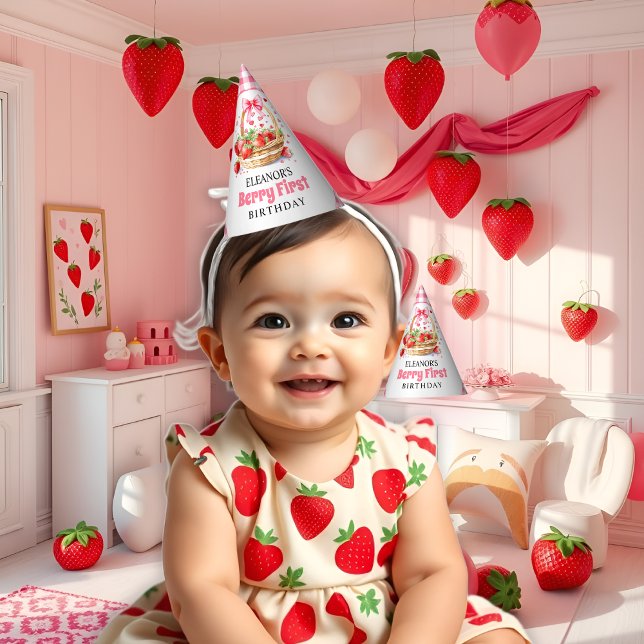 Strawberries and pink bow Berry First Birthday     Party Hat (Creator Uploaded)