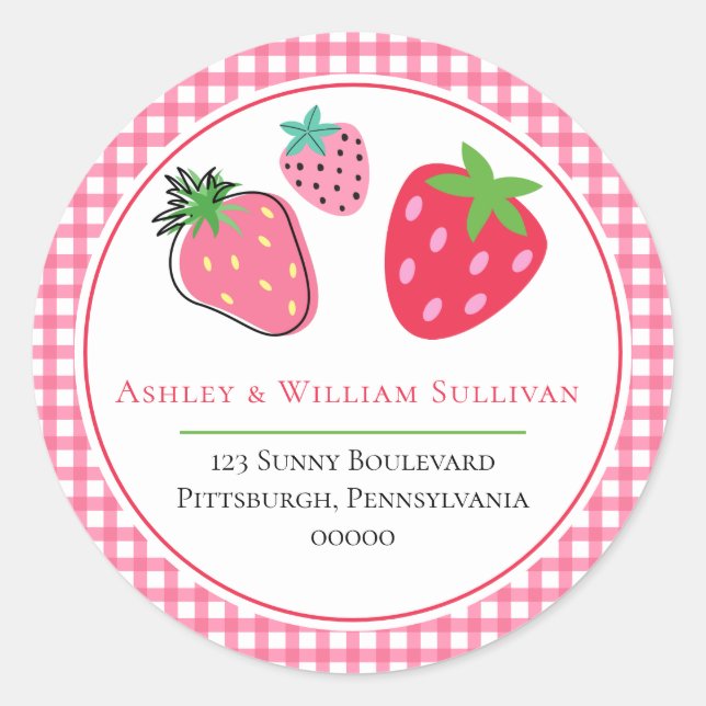 Strawberries and Pink Checks Return Address Classic Round Sticker (Front)