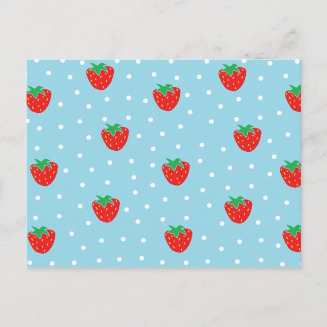 Strawberries and Polka Dots Blue Postcard (Front)