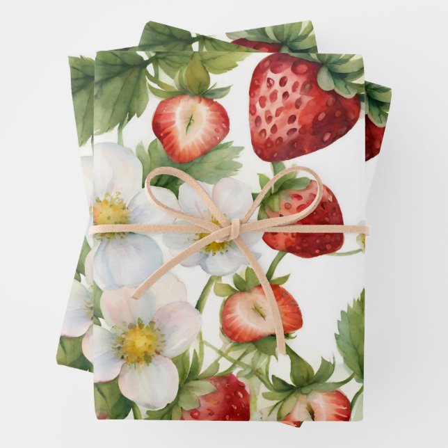Strawberries and Strawberry Flowers  Wrapping Paper Sheet (In situ)
