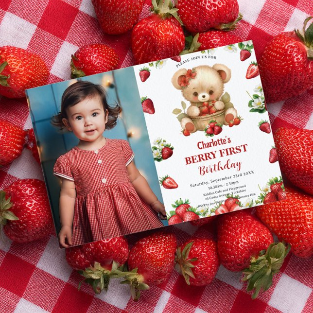 Strawberries Bear Berry First 1st Birthday Photo Invitation (Creator Uploaded)