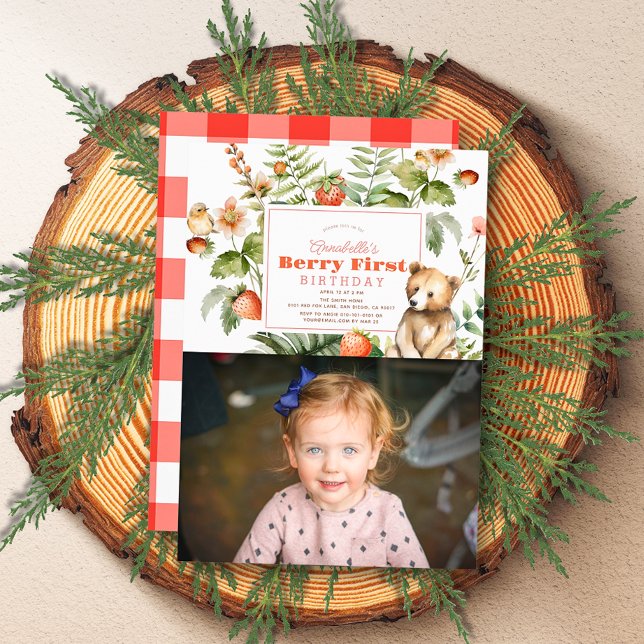 Strawberries & Bear Berry First 1st Birthday Photo Invitation (Creator Uploaded)