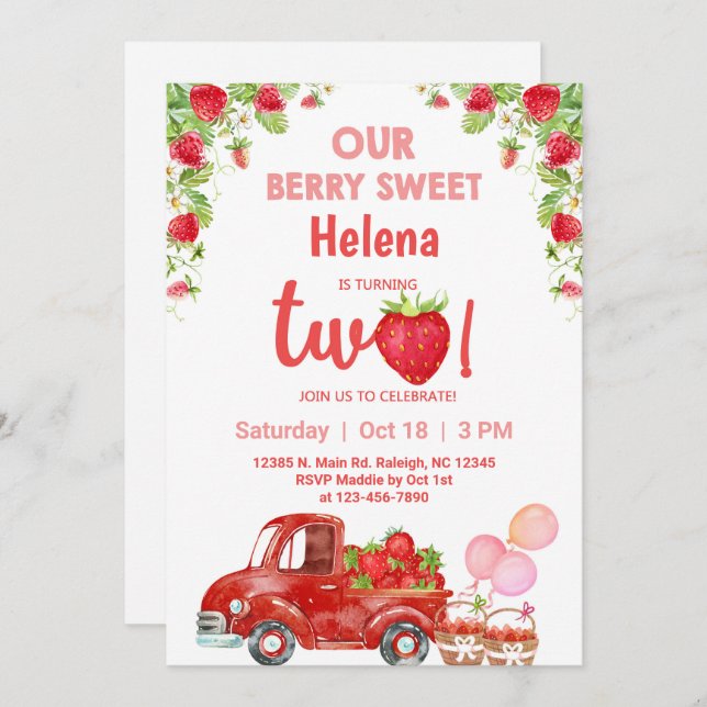 Strawberries berry sweet girl birthday invitation. invitation (Front/Back)