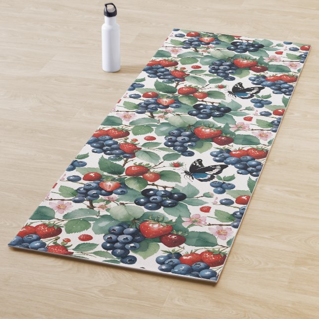 Strawberries Blueberries and Butterflies Floral Yoga Mat (In Situ)