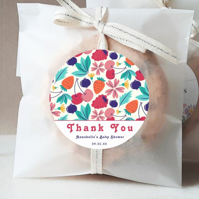 Strawberries Blueberries Baby Shower Tropical Classic Round Sticker (Creator Uploaded)