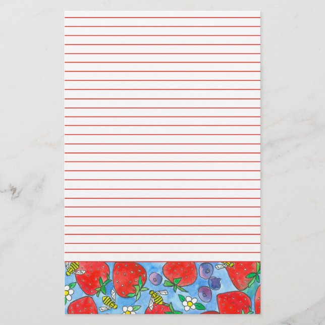 Strawberries Blueberries Bees Red Lined Stationery (Front)