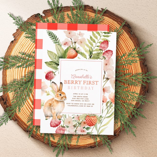 Strawberries & Bunny Berry First 1st Birthday Invitation (Creator Uploaded)