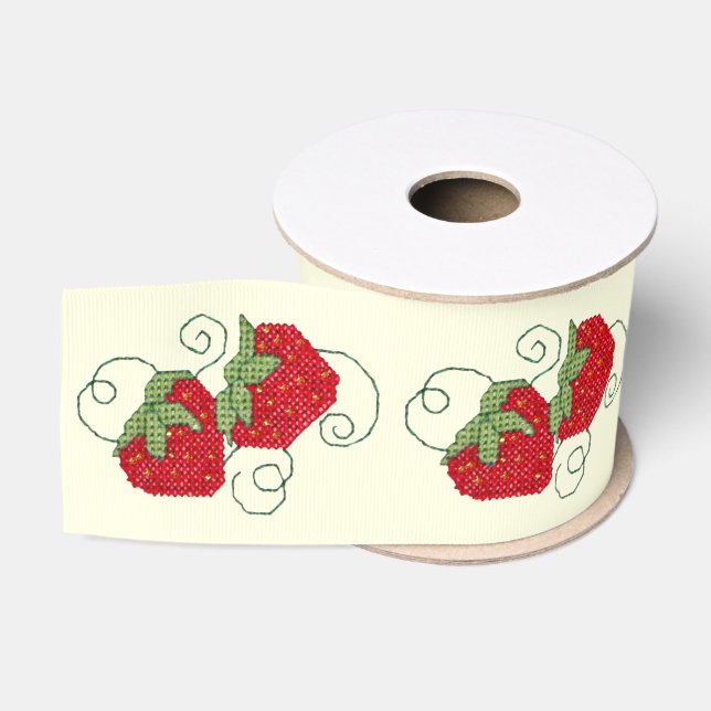 Strawberries Cross Stitch Grosgrain Ribbon (Spool)