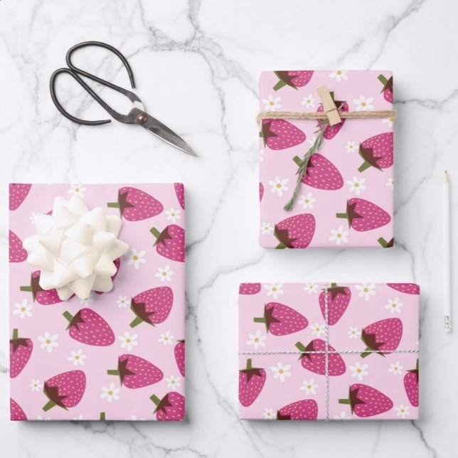 Strawberries Daisies Floral Pattern Girly Pink Wrapping Paper Sheet (Creator Uploaded)