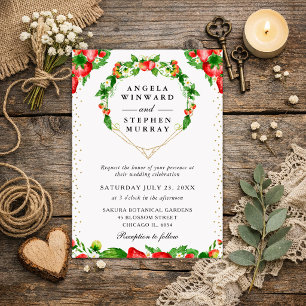 Strawberries Floral Heart Wreath Wedding Invitation