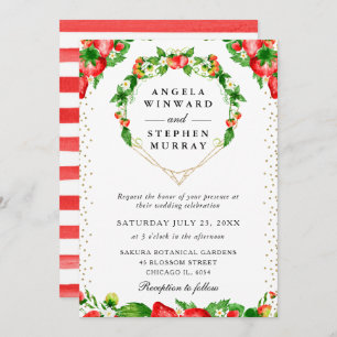 Strawberries Floral Heart Wreath Wedding Invitation