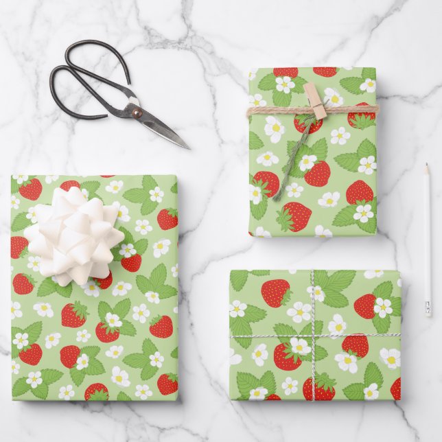 Strawberries Floral Red Green Pattern Wrapping Paper Sheet (Front)