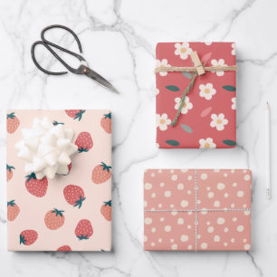 Strawberries, Florals and Abstract Pattern Theme  Wrapping Paper Sheet