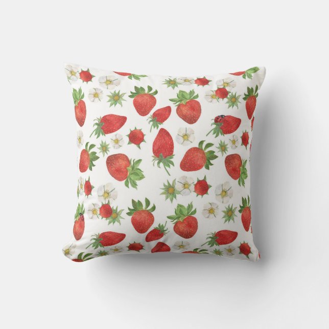 Strawberries Flowers: Watercolor Seamless Art Cushion (Front)