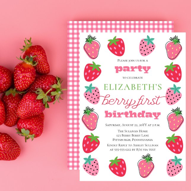 Strawberries Girl's Berry First Birthday Party Invitation (Cute Strawberries Girl's "Berry First Birthday" Birthday Party Invitation)