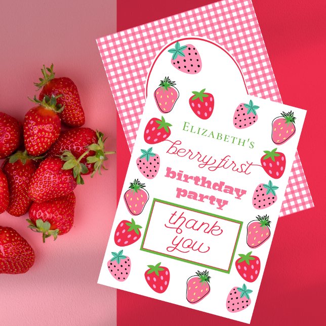 Strawberries Girl's Berry First Birthday Party  Thank You Card (Strawberries Girl's Berry First Birthday Party Thank You Card)