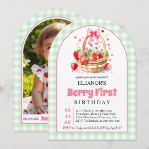 Strawberries green gingham Berry First Birthday Invitation