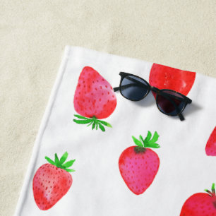 Strawberries in Pink, Red and Green Watercolor Beach Towel
