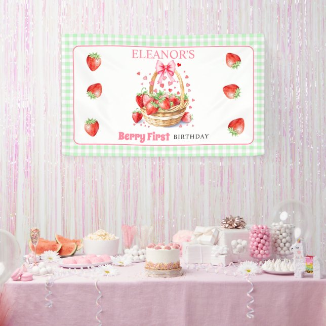 Strawberries mint gingham Berry First Birthday Banner (Party)