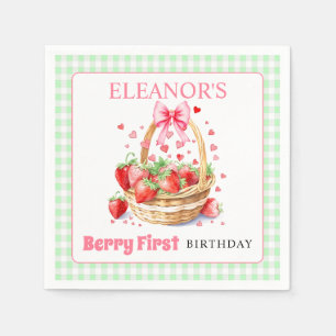 Strawberries mint gingham Berry First Birthday Napkin