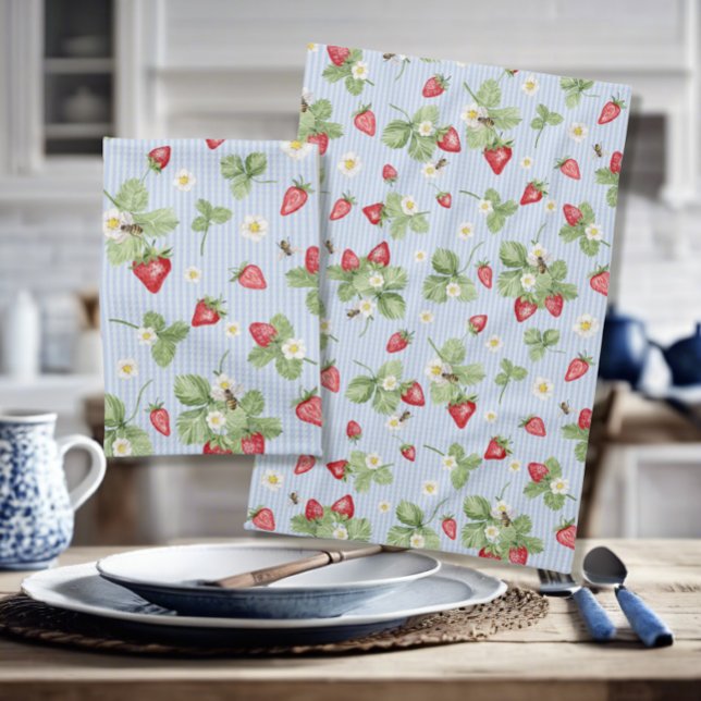 Strawberries n Bees Watercolor Blue Pin Stripes Tea Towel (Creator Uploaded)