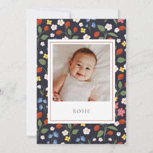 Strawberries navy Baby Birth  Announcement