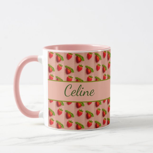Strawberries on a pink fabric background mug (Left)
