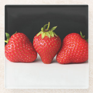 Strawberries On Black Over White coastercnm Glass Coaster