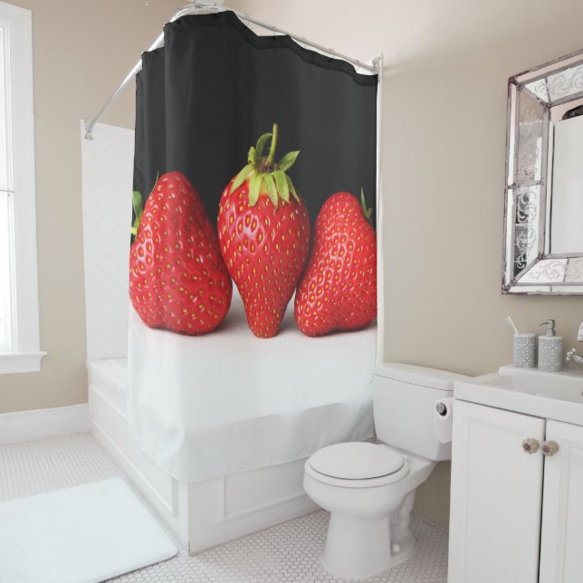 Strawberries On Black Over White sccna Shower Curtain (In Situ)