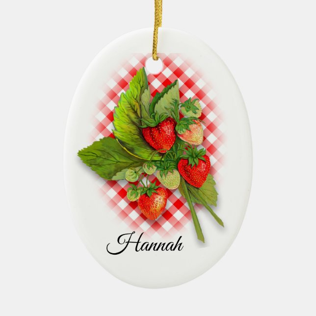 Strawberries on Gingham, "I love you berry much" Ceramic Tree Decoration (Front)