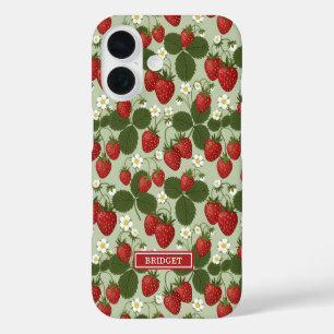 Strawberries On Green Monogrammed iPhone 16 Case
